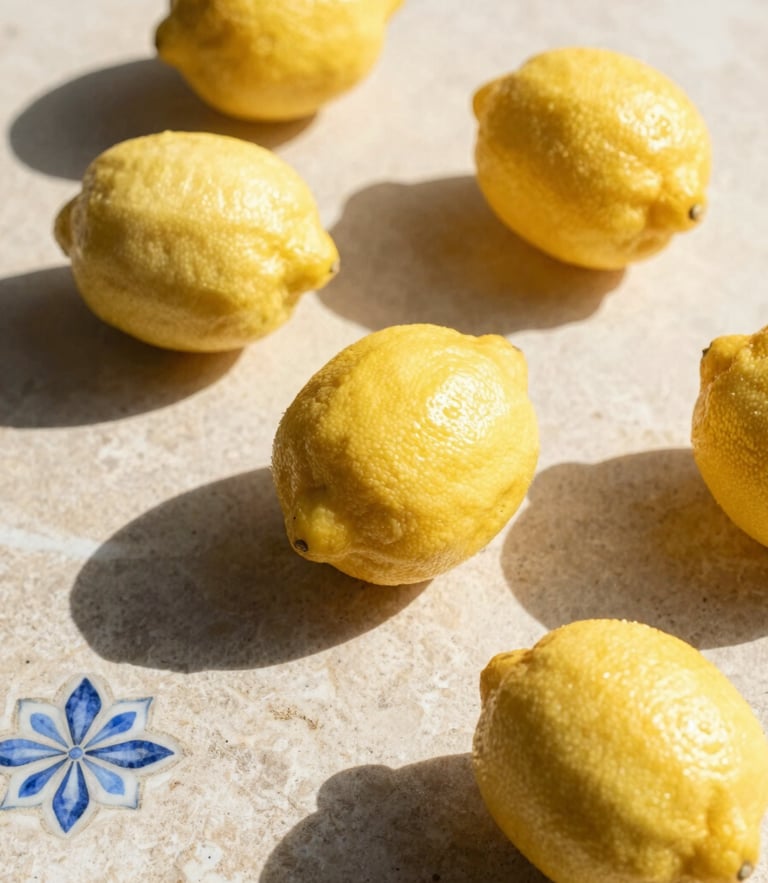 Overhead shot of rough-skinned Sicilian lemons on a sun-drenched stone surface with sharp shadows, warm golden-hour lighting, 35mm