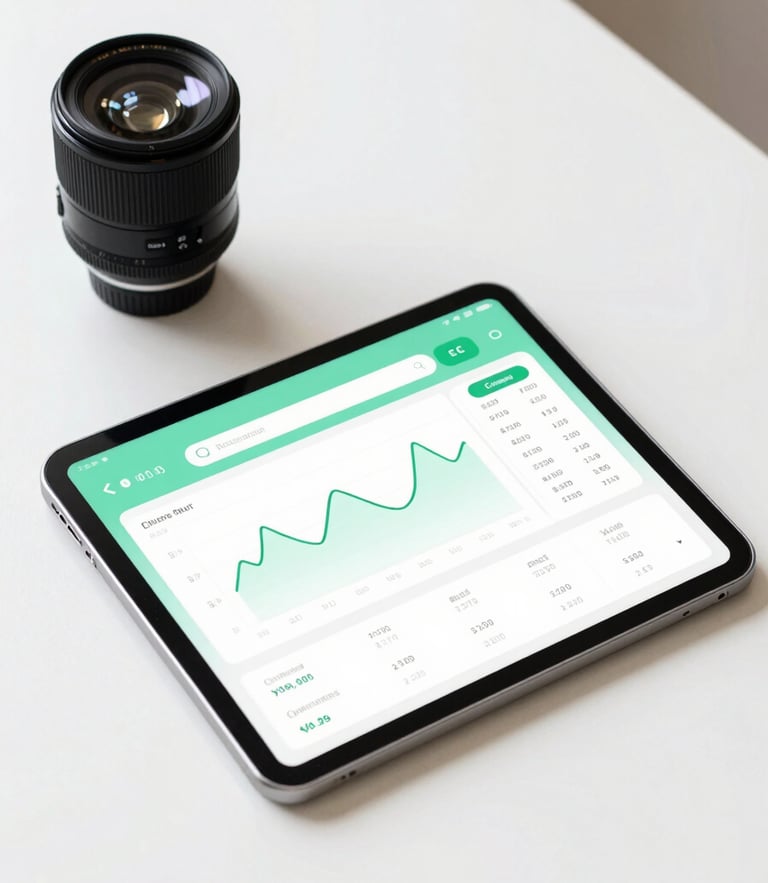 A clean, flat-lay workspace with a tablet showing a simplified financial dashboard with mint green accents, bright natural daylight, 35mm lens