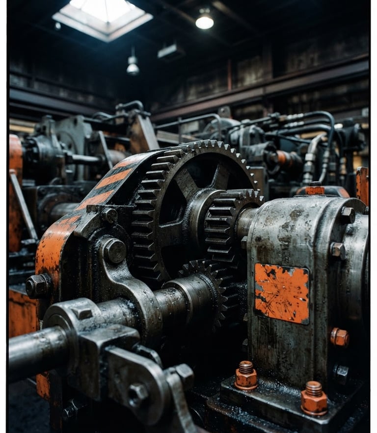 Macro close-up of heavy industrial steel gears and machinery, high-contrast dramatic warehouse lighting, cool steel and safety orange tones, sharp 35mm lens.