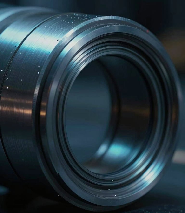 Macro technical close-up of a high-pressure industrial seal, dramatic low-key lighting with cool blue and teal highlights, metallic textures, shallow depth of field.