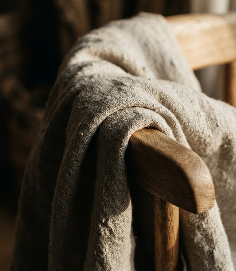 warm tactile photography, low-angle afternoon window light, earthy raw tones, deep shadows, 35mm macro lens, tight macro shot of heavy-gauge undyed linen draped over a minimalist oak chair