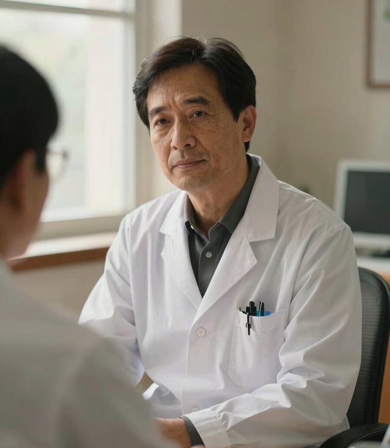 A portrait of Dr. Khan in quiet, thoughtful clinical consultation, soft natural side-lit window daylight, warm editorial clinical photography, muted earth tones, 35mm.