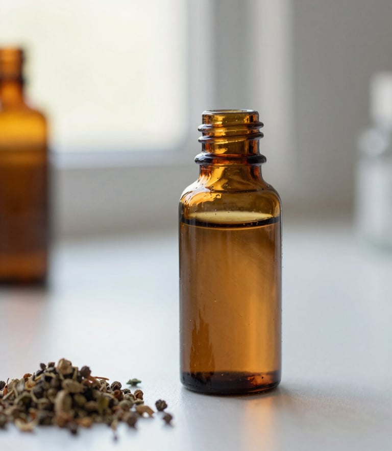 Macro detail of botanical ingredients beside a clean laboratory-style amber glass tincture bottle, soft window light, shallow depth of field, warm editorial clinical photography, 35mm.