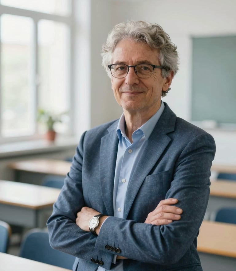 A professional environmental portrait of a senior language professor in a bright modern Belgrade classroom, soft natural daylight, slate blue tones, shallow depth of field