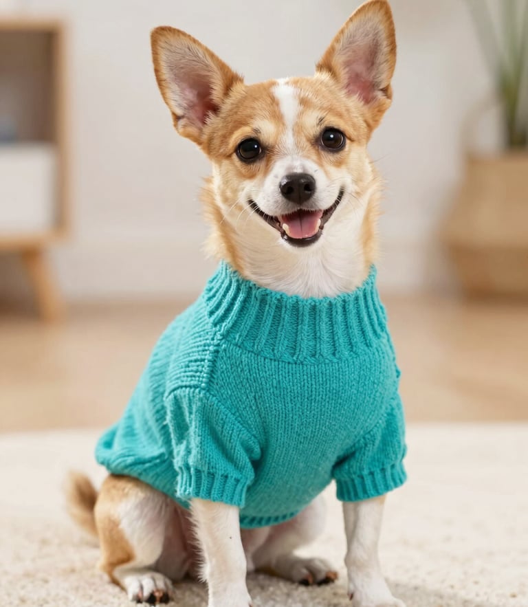 A happy small dog wearing a bright teal knitted sweater, sitting proudly on a soft rug, warm editorial pet photography, bright natural daylight, shallow depth of field