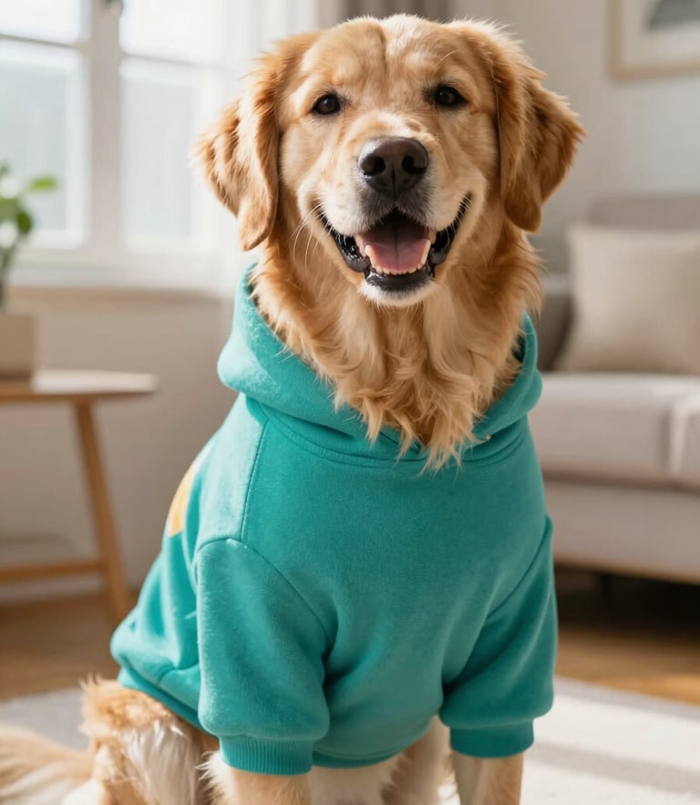 A joyful golden retriever wearing a colorful handmade teal hoodie, sitting happily in a sunlit living room, warm editorial photography, soft window light, shallow depth of field.