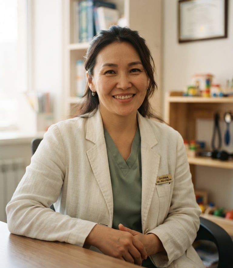 Warm medium close-up of a smiling female Mongolian pediatrician in a soft linen coat, natural window light, gentle and reassuring expression, shallow depth of field, 35mm
