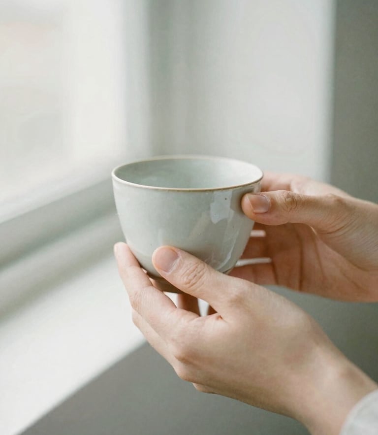 A close-up of a person's hands gently holding a warm, hand-thrown ceramic cup, soft morning daylight diffusing through a nearby window, minimalist composition, 35mm film look.