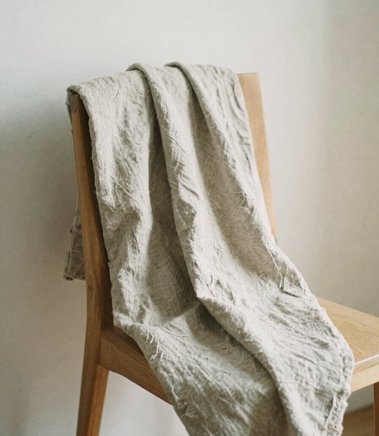 Soft diffused morning daylight illuminating a textured organic linen fabric draped over a light oak chair, warm neutral tones, minimalist composition, 35mm film look