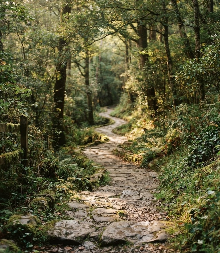 A sun-dappled stone path winding through a quiet, lush forest, soft morning light filtering through trees, serene and private atmosphere, 35mm photography