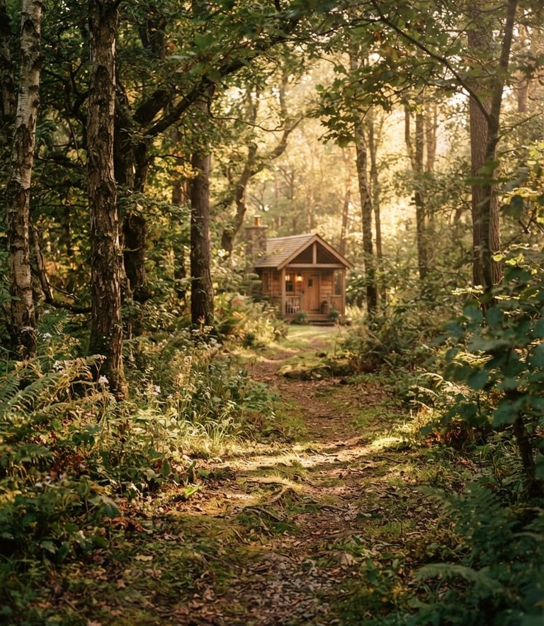 Warm environmental photography of a sun-dappled forest path leading to a peaceful retreat, soft morning light, shallow depth of field, 35mm