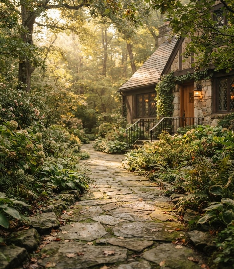 Warm morning sunlight filtering through tree leaves onto a quiet stone pathway leading to a residential retreat, 35mm, shallow depth of field