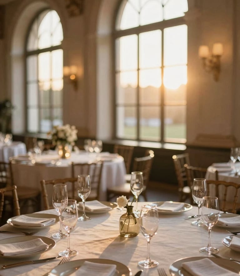 Warm architectural shot of a beautifully decorated event hall, golden hour natural light streaming through high windows, elegant table settings with champagne glasses, shallow depth of field, 35mm