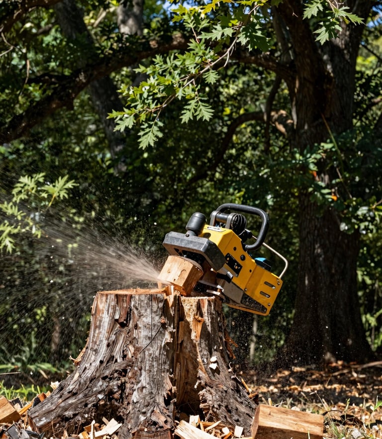 Low-angle action shot of a high-horsepower commercial stump grinder chewing through a massive oak stump, woodchips flying, bright natural daylight, 35mm