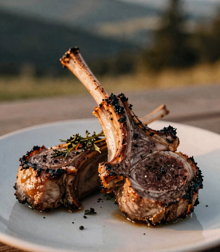 Close-up of a perfectly plated Colorado lamb chop with charred mountain herbs, low-angle golden hour light, shallow depth of field, 35mm film style