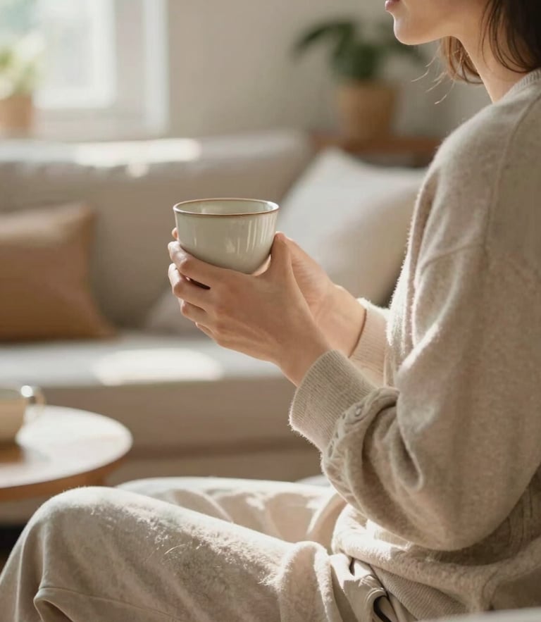 A warm editorial photograph of an active adult sitting in a sunlit living room, holding a ceramic cup, soft natural daylight, shallow depth of field, 35mm
