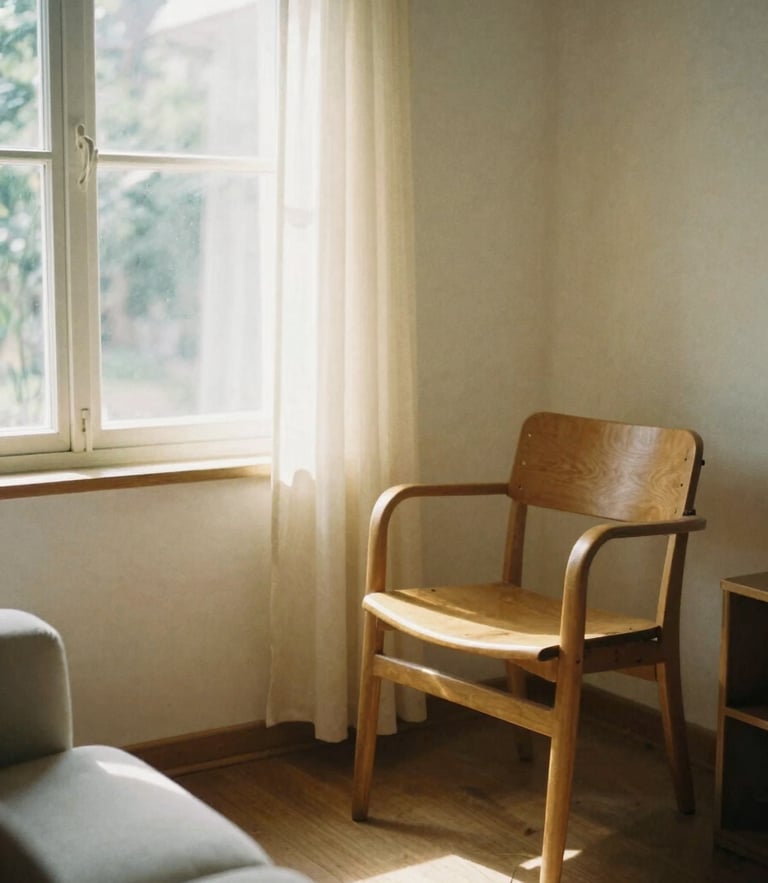 Soft natural daylight illuminating a comfortable, sunlit living room with warm sand tones, a wooden chair beside a window, 35mm photography