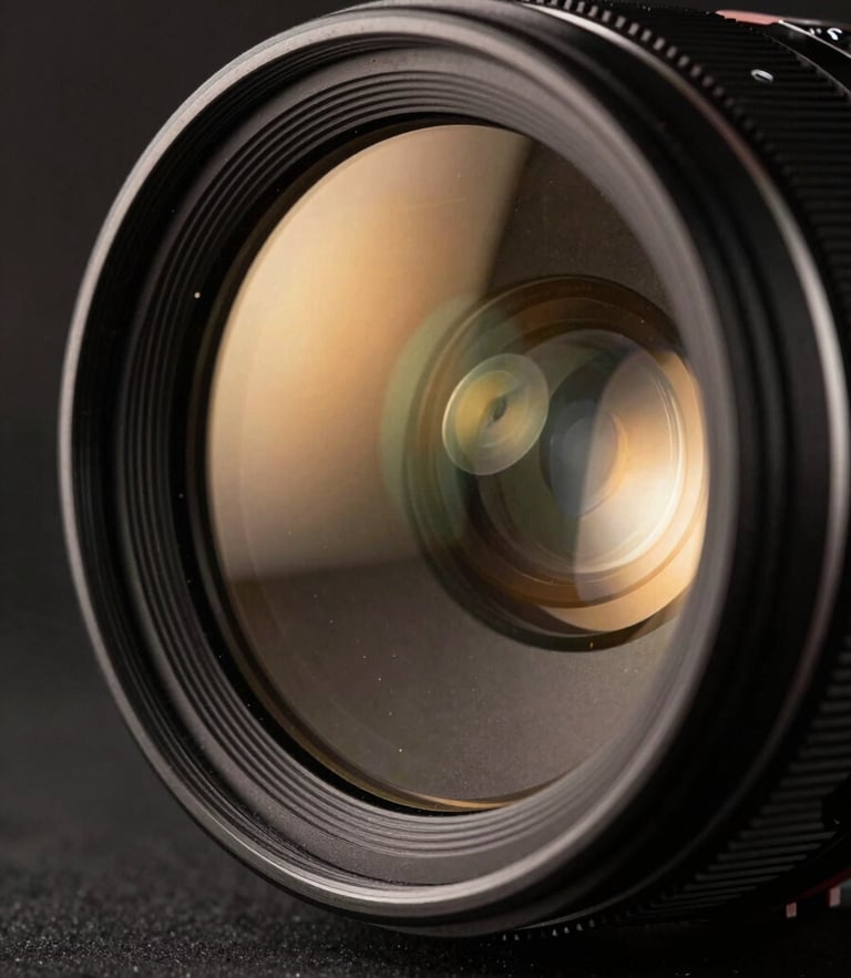 Extreme close-up of an anamorphic lens, warm tungsten light reflecting off the glass elements, dark studio background, cinematic 2.39:1 feel.