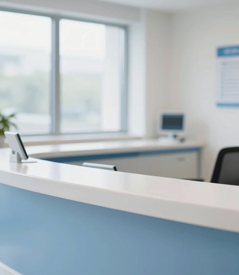 Bright modern hospital reception desk with natural window light, clean blue and white tones, professional depth of field, welcoming atmosphere
