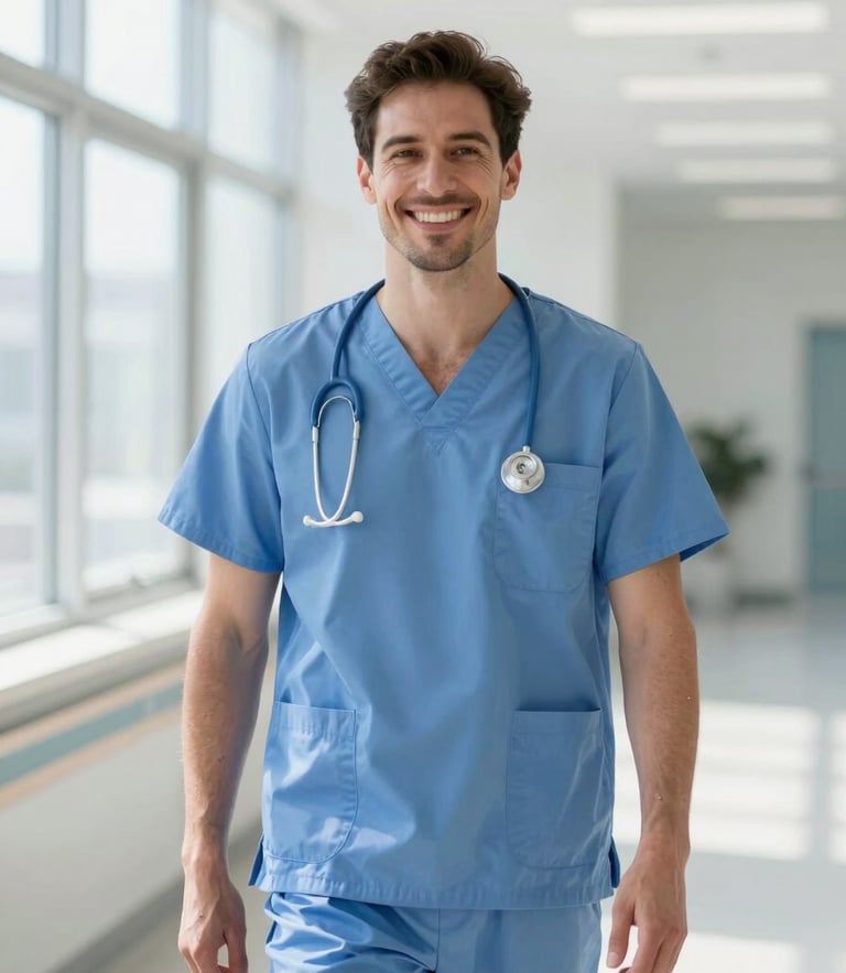 A professional medical doctor in clean slate-blue scrubs smiling warmly in a bright, modern hospital hallway, natural window light.