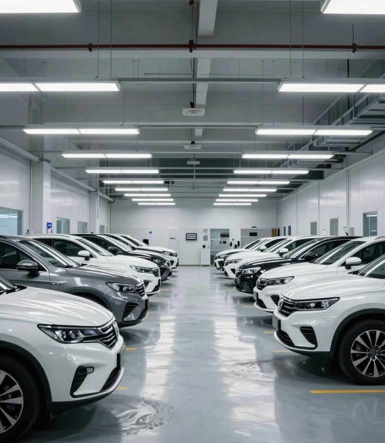 Wide-angle architectural view of a clean, high-intensity LED-lit automotive repair facility with perfectly aligned vehicles and dust-free floors, clinical engineering environment.