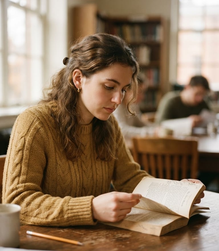A warm close-up portrait of a student reading a book in a sunlit classroom, soft natural window light, muted earthy tones, shallow depth of field, 35mm film