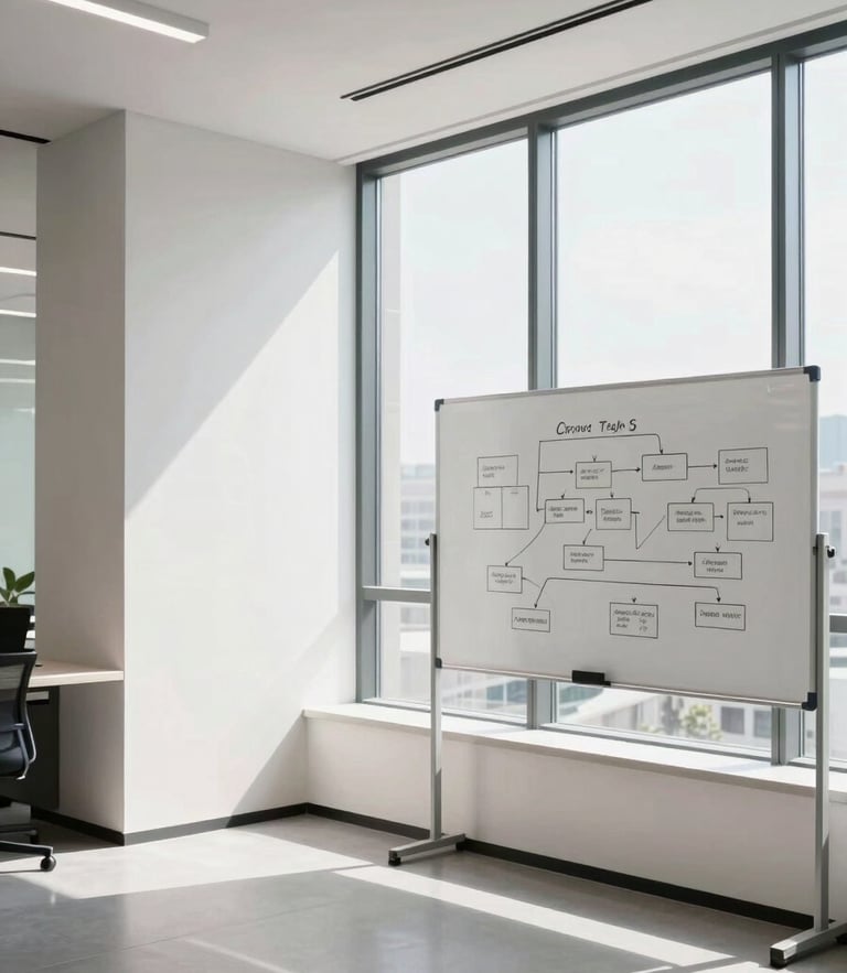 A bright, structured architectural office interior with clean lines, natural daylight pouring through a large window, a physical whiteboard with a clear workflow diagram in the background.