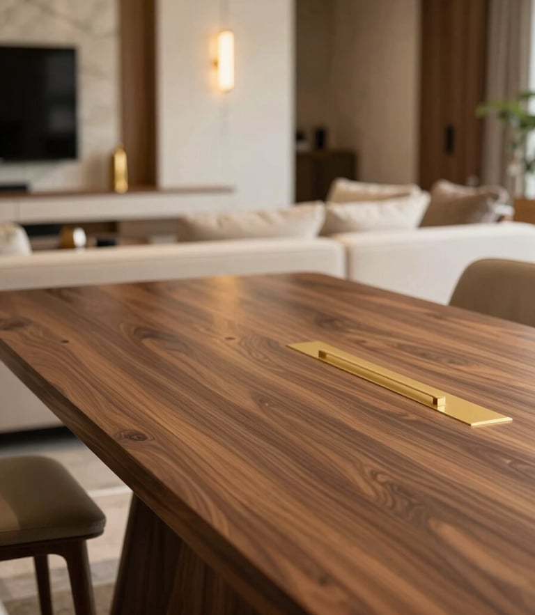Warm architectural digest style photo of a modern luxury living room in Indore, soft side-lighting highlighting a custom PU-polished walnut dining table, shallow depth of field