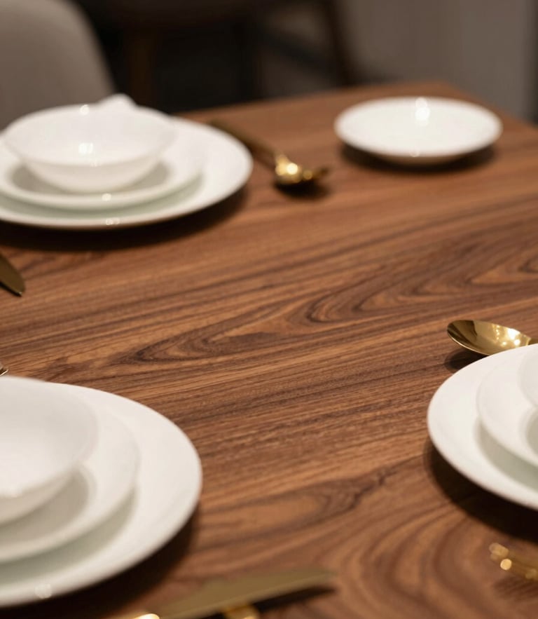 A portrait-oriented, close-up shot of a luxury dining setup, featuring a flawless PU-polished walnut tabletop, soft natural side-lighting, elegant ceramic tableware, shallow depth of field.