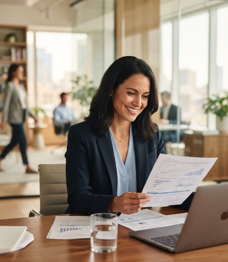 Professional financial advisor in a bright, modern office, warm lighting, holding a document, clean corporate blue tones, shallow depth of field.