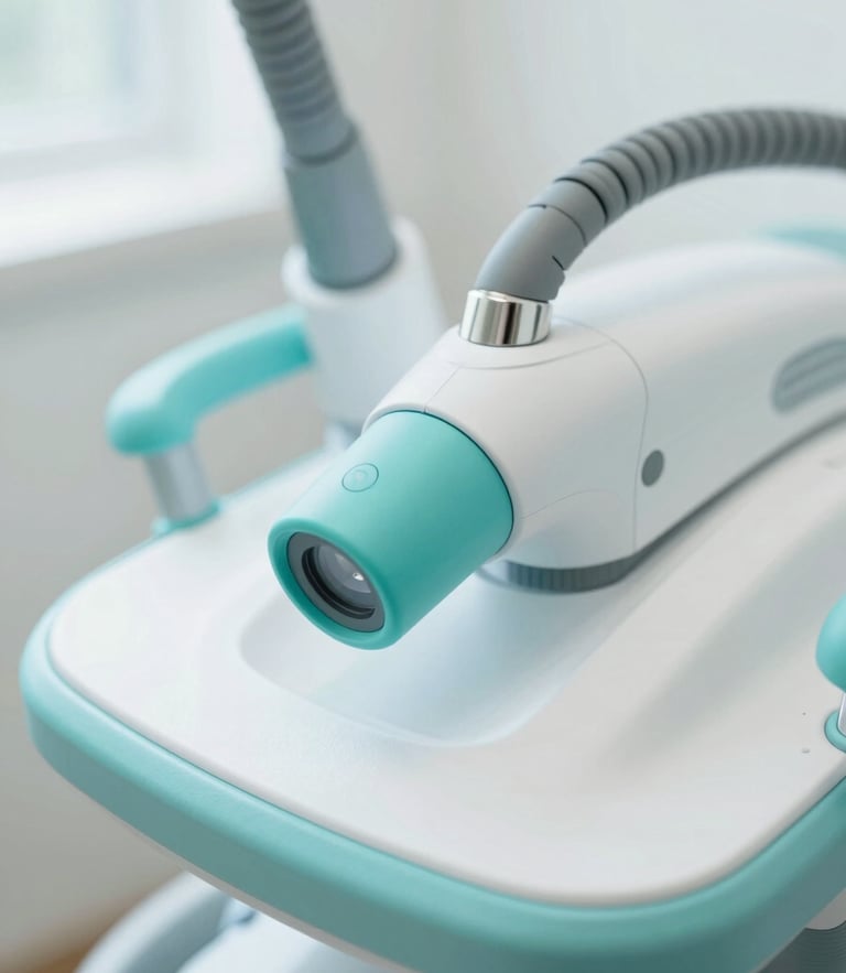 Macro shot of a high-end physical therapy laser device, clean clinical lighting, soft teal accents, 50mm medical editorial photography