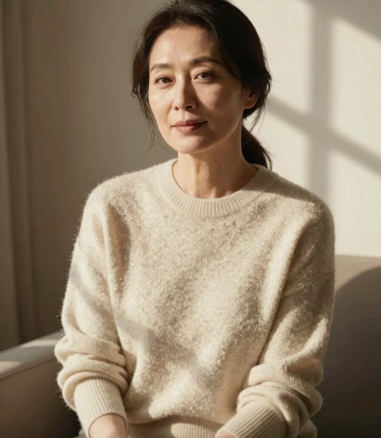 Reflective portrait of an elegant woman over 40 in a cream cashmere sweater, sitting in a sunlit room with soft window shadows, warm editorial photography, 35mm.