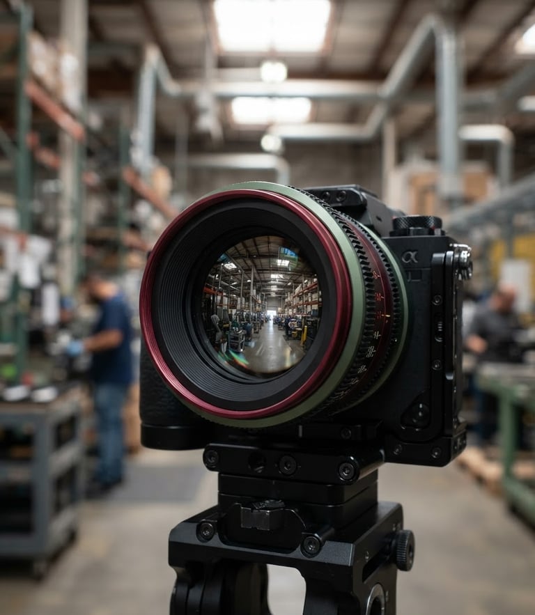 Crisp product photography of a high-performance security camera lens reflecting natural warehouse daylight, sharp focus, 35mm
