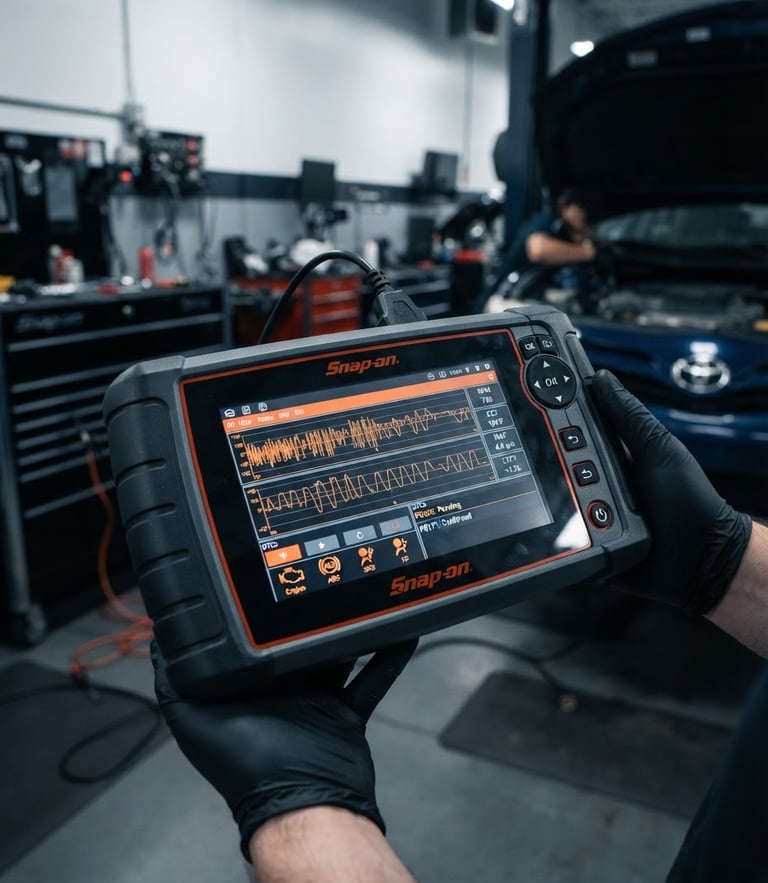 Sharp industrial photography, crisp cool studio lighting, high contrast charcoal and orange tones, macro technical detail of a diagnostic scanner screen showing active data in a clean professional garage bay, 50mm lens