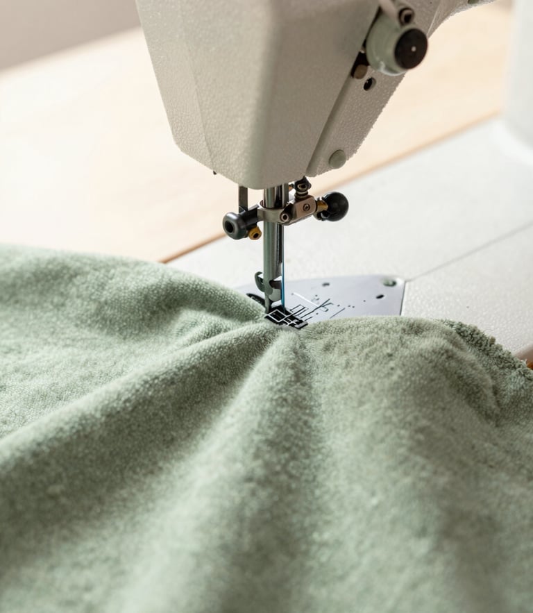 Macro photograph of clean industrial sewing machines stitching soft sage green plush fabric, natural daylight, warm neutral background.