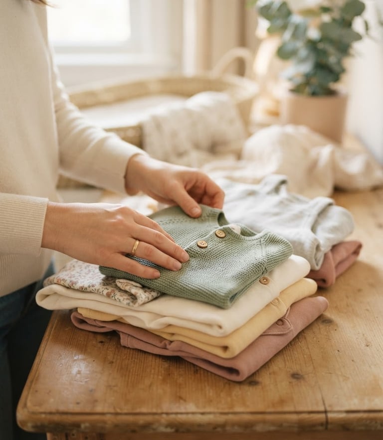 Soft editorial close-up of hands organizing baby clothes on a warm beige wooden table, natural morning daylight, gentle pastel tones, shallow depth of field