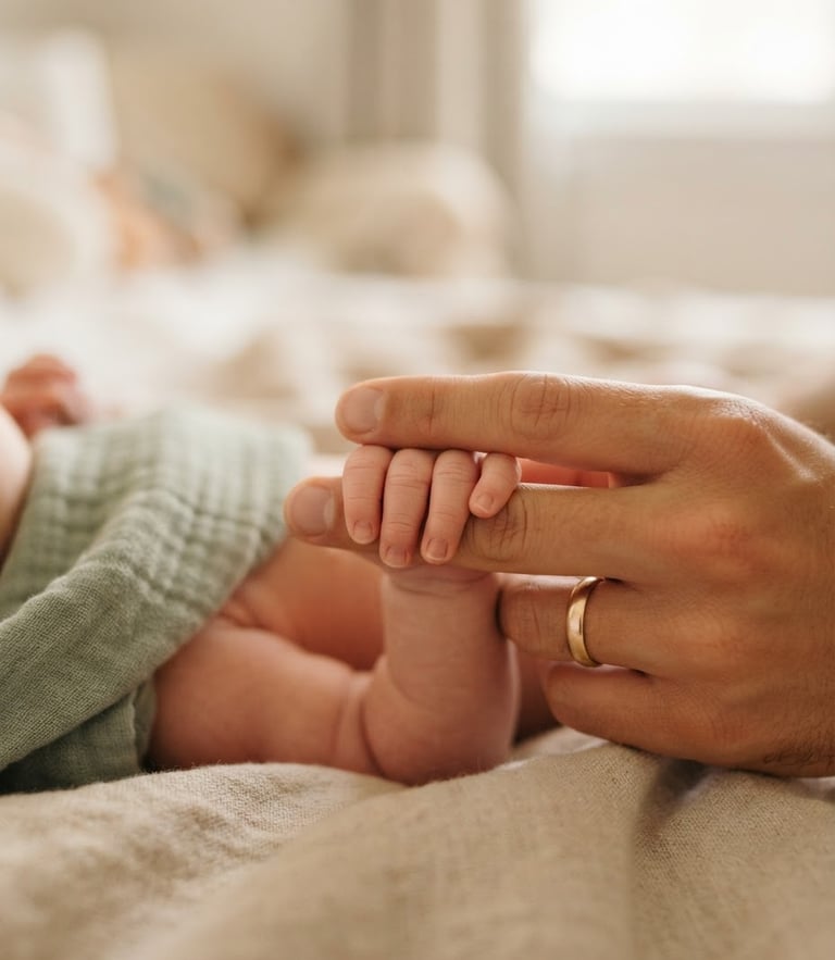 Close-up of a parent's hand gently holding a newborn's tiny fingers, soft morning daylight, warm beige background, shallow depth of field, 35mm