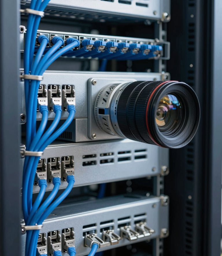 Crisp technical close-up of a neatly organized server rack with blue Ethernet cables, structured cable management, industrial utility lighting, 35mm lens