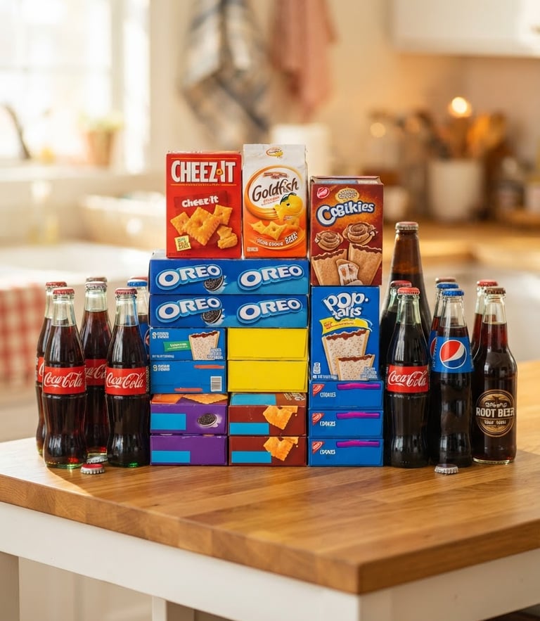 Bright straight-on product shot of authentic American snack boxes and classic sodas stacked neatly on a clean wooden counter under warm morning daylight.