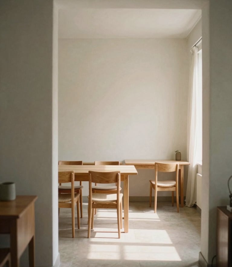 Warm editorial photography of a quiet, orderly room filled with soft morning light, clean architectural lines, minimalist wooden furniture, 35mm film aesthetic.