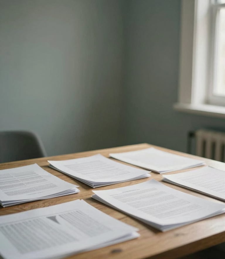 Soft diffused morning light illuminating a quiet, orderly room with a wooden desk and organized documents, architectural framing, 35mm