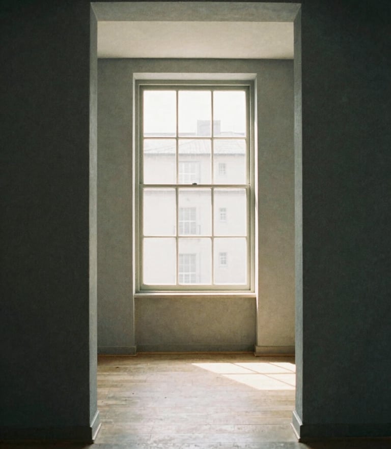 Muted slate and linen tones, a wide architectural view of a quiet, orderly interior with soft natural morning light streaming through a window, 35mm photography.
