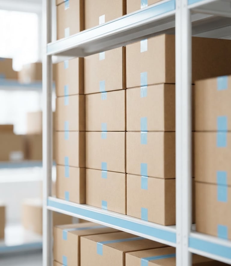 Bright high-key portrait of neatly packed shipping boxes on a clean warehouse shelf, crisp daylight, sky blue accents, 50mm lens