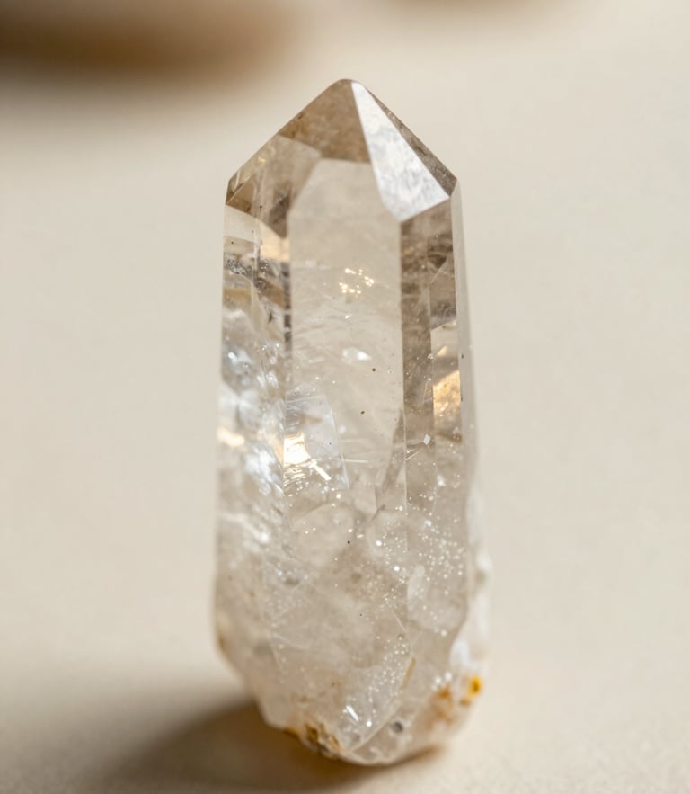 Macro photograph of a raw clear quartz crystal specimen reflecting warm gallery spotlighting, shallow depth of field, neutral cream background.