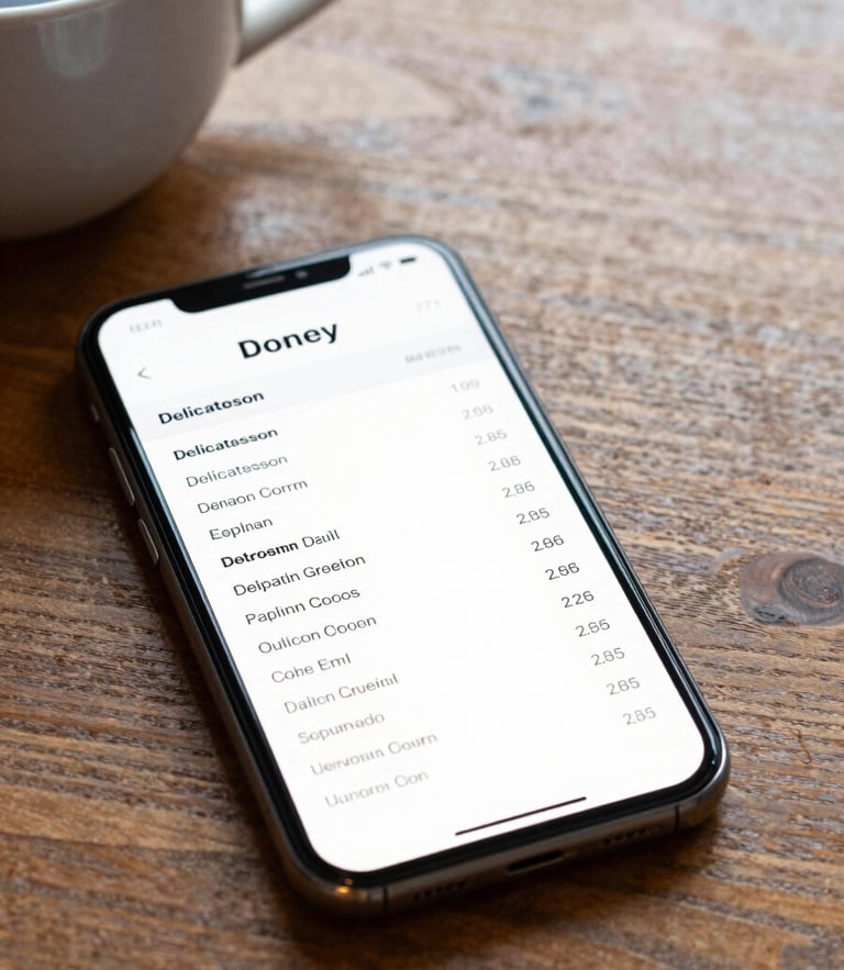 A smartphone lying on a wooden table next to a cup of diner coffee, displaying a clean, highly legible mobile menu of a local delicatessen, natural morning light.
