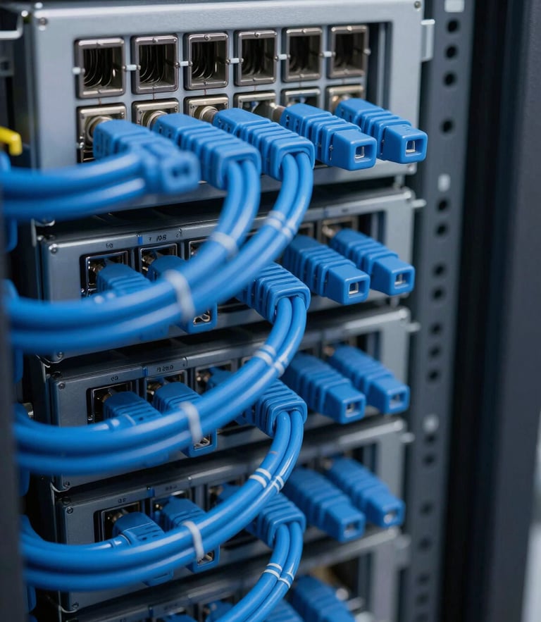 A macro, high-contrast photograph of organized blue network cabling connected to clean server racks in a cool-toned data center.
