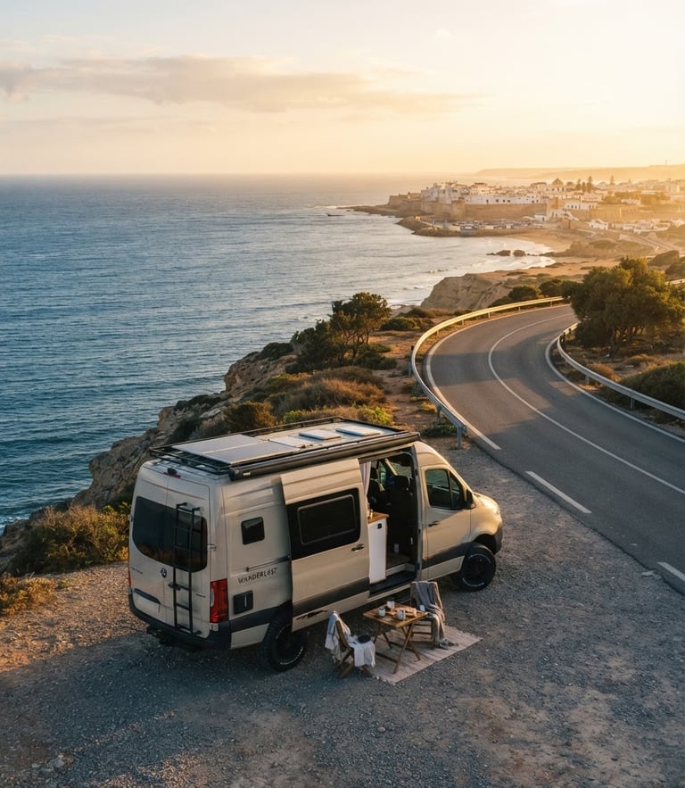 A spotless modern Mercedes van parked on a scenic coastal highway overlooking the blue Atlantic ocean near Essaouira, soft golden hour sunlight, warm editorial travel photography, 35mm.