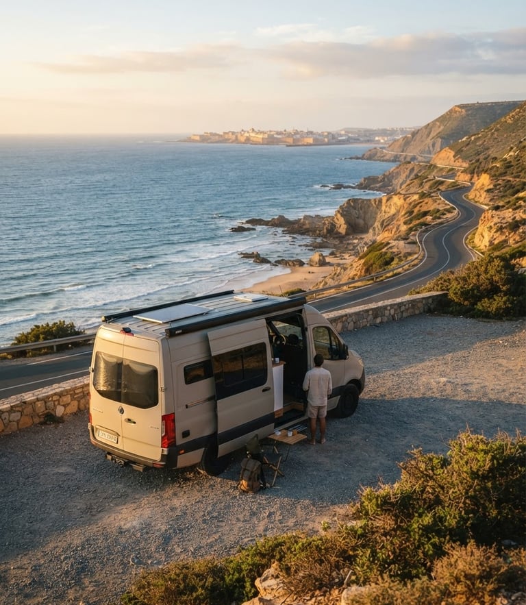 Spotless modern Mercedes van parked on a scenic coastal highway overlooking the Atlantic ocean near Essaouira, soft golden-hour light, warm editorial travel photography, 35mm