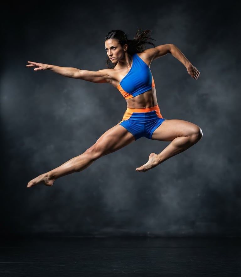 Dynamic action photography of a modern dancer captured in mid-leap, crisp studio lighting highlighting muscle definition, vibrant electric blue and bright orange accent tones, 85mm lens.