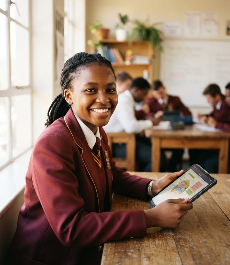 A young Black South African high school student smiling warmly, holding a digital tablet in a sunlit modern classroom, 35mm editorial photography, shallow depth of field
